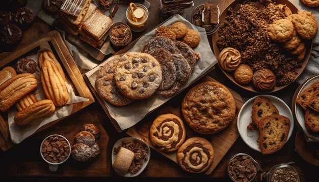 Domowe ciasteczka z kawałkami czekolady na rustykalnym drewnianym stole generowane przez AI