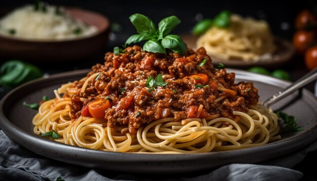 Domowe fettuccine z sosem bolońskim i parmezanem wygenerowane przez AI