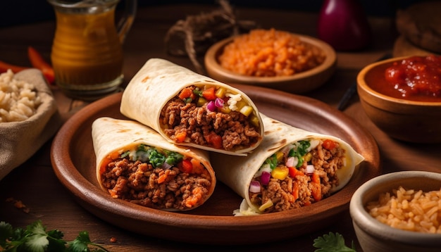 Bezpłatne zdjęcie domowe meksykańskie taco z wołowiną guacamole i świeżą kolendrą wygenerowaną przez sztuczną inteligencję
