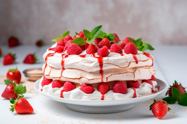 Bezpłatne zdjęcie domowe pyszne ciasto meringue pavlova ze świeżymi straberry i mascarpone na białym tle