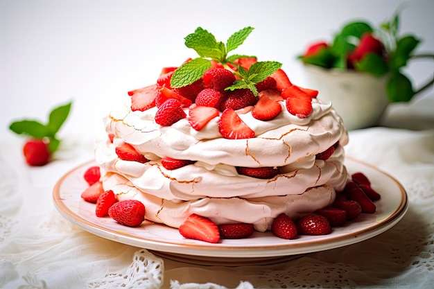 Bezpłatne zdjęcie domowe pyszne ciasto meringue pavlova ze świeżymi straberry i mascarpone na białym tle