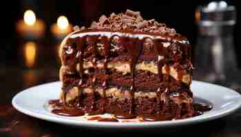 Bezpłatne zdjęcie domowy kawałek ciasta czekoladowego na ciemnym talerzu wygenerowany przez sztuczną inteligencję