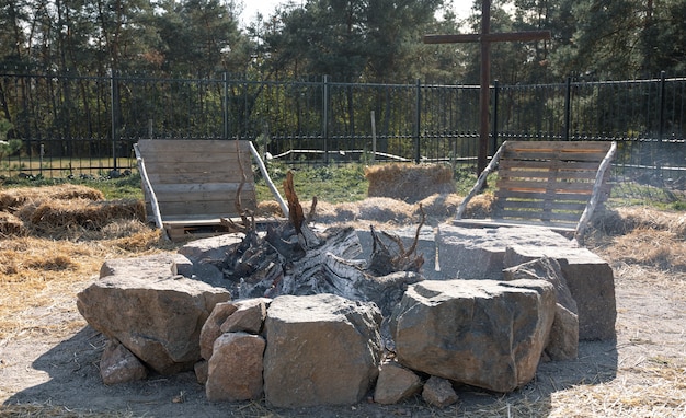 Domowy ogień ogrodzony kamieniami i dwie ławki w pobliżu