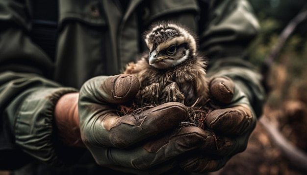 Bezpłatne zdjęcie dorosły trzymający ptaka drapieżnego karmiący miłość generowaną przez sztuczną inteligencję