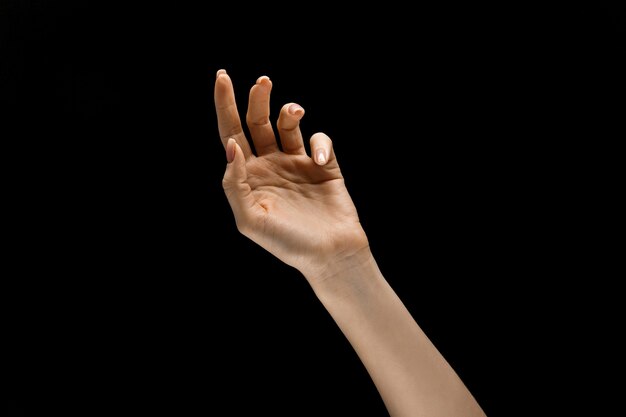 Dotyk nocy. Kobiece strony wykazujące gest dotyku na białym tle na tle czarnego studia. Pojęcie ludzkich emocji, uczuć, fizjologii lub biznesu.