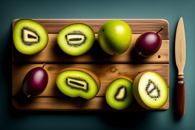 Drewniana deska z różnymi owocami, w tym kiwi kiwi i kiwi