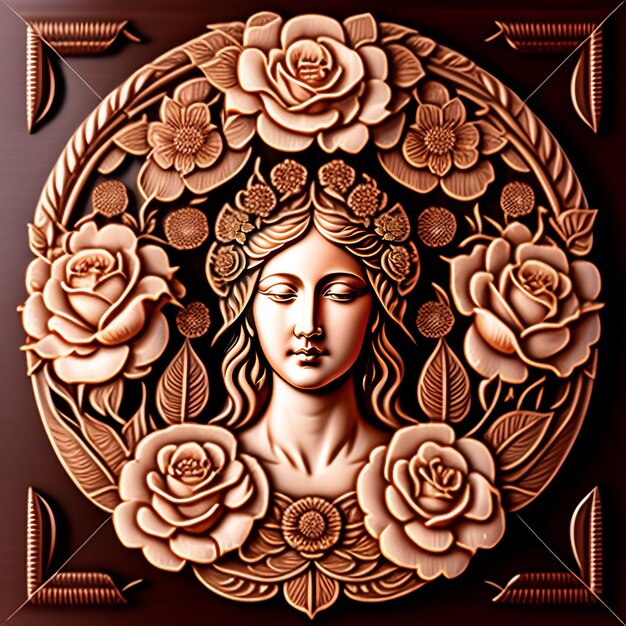 Drewniana rzeźba kobiety z różami i wieńcem.