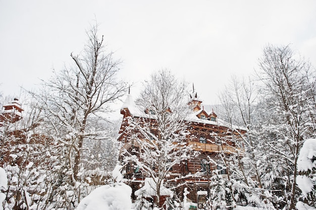 Drewniany domek przy sosnowym lesie pokrytym śniegiem Piękne zimowe krajobrazy Mroźna przyroda