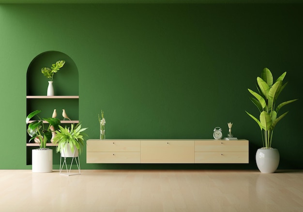 Bezpłatne zdjęcie drewniany kredens w zielonym salonie z miejscem na kopię