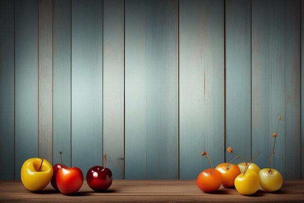 Bezpłatne zdjęcie drewniany stół z jabłkami i jeden ma niebieskie tło.
