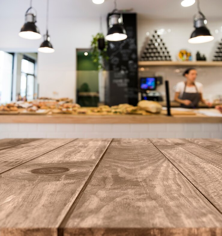 Bezpłatny plik Zdjęcie drewniany stół z niewyraźne sceny restauracji