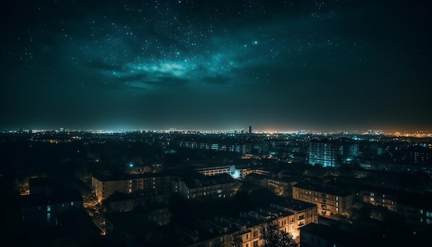 Bezpłatne zdjęcie droga mleczna oświetla nocą futurystyczną panoramę miasta generowaną przez sztuczną inteligencję