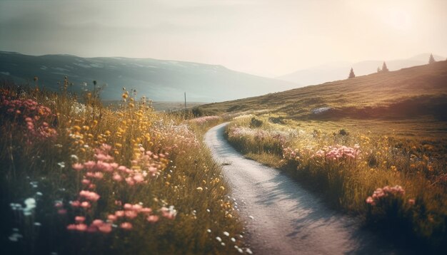Droga w polu kwiatów z zachodem słońca w tle