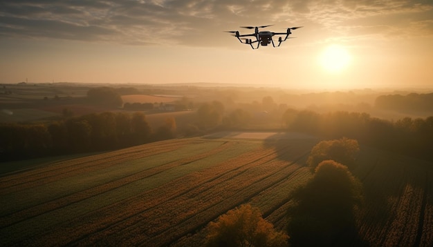 Dron lecący o zachodzie słońca wygenerowany przez sztuczną inteligencję