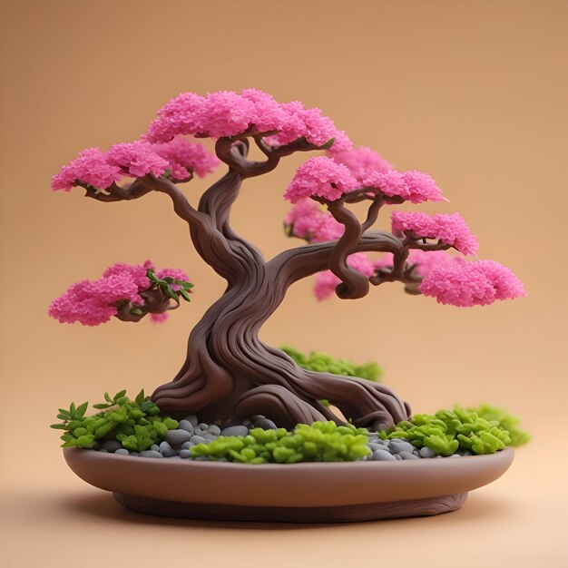 Drzewo Bonsai z różowymi kwiatami renderowania 3D Komputerowy rysunek cyfrowy