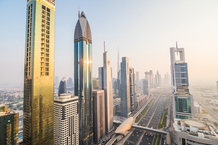 Bezpłatny plik Zdjęcie dubaj panoramę i wieżowce w centrum miasta na zachód słońca. nowoczesna koncepcja architektury z wieżowcami w światowej sławy metropolii w zjednoczonych emiratach arabskich