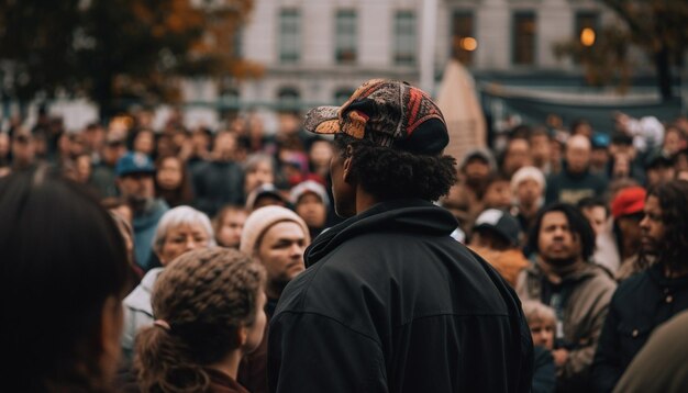 Duża grupa na zewnątrz uśmiecha się spacerując zimą, wygenerowana przez sztuczną inteligencję