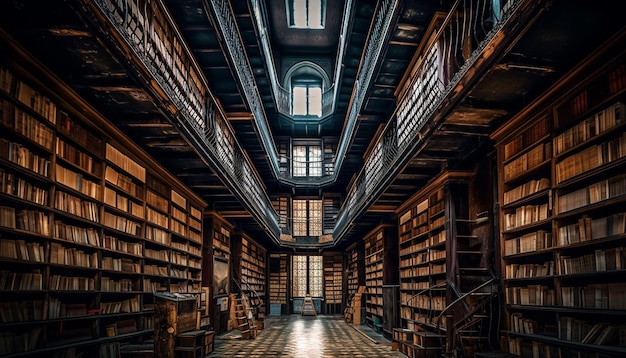 Duża kolekcja starych książek na drewnianych półkach generowana przez sztuczną inteligencję