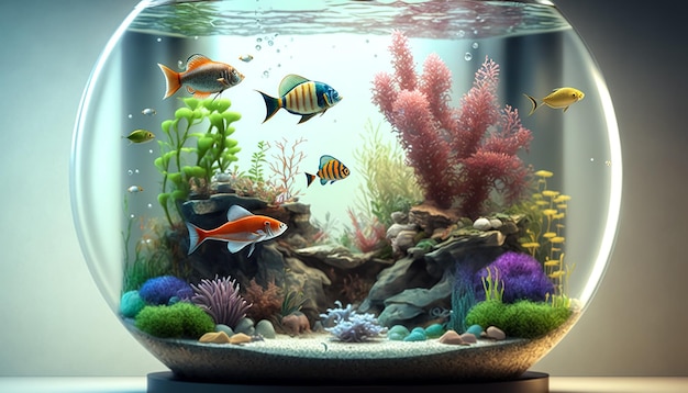 Duże szklane akwarium z generatywną sztuczną inteligencją ryb
