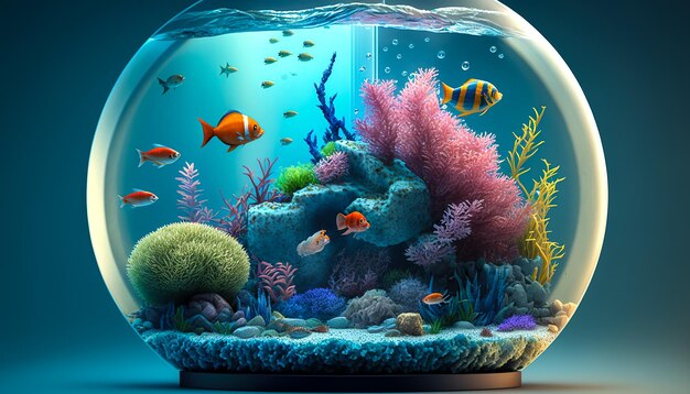 Duże szklane akwarium z generatywną sztuczną inteligencją ryb