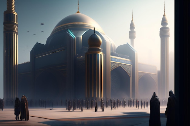 Bezpłatne zdjęcie duży meczet z wielką kopułą i kilka osób spacerujących przed nim.