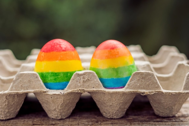 Dwa jajka są pokolorowane w kolorach tęczy jako flaga gejów i lesbijek oraz pisanki. koncepcja homoseksualna