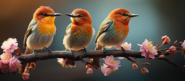 Dwa ptaki siedzące na gałęzi kwitnącej sakury