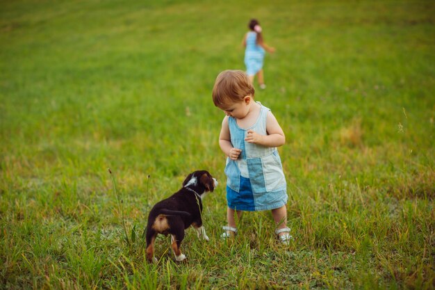 Dwie małe dziewczynki biegają z szczeniakiem na polu