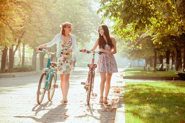 Dwie Młode Dziewczyny Z Rowerami W Parku