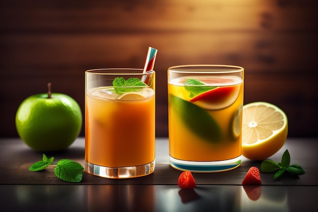Bezpłatne zdjęcie dwie szklanki soku owocowego ze słomką i zieloną słomką.