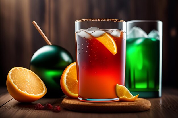 Dwie szklanki soku pomarańczowego obok butelki soku pomarańczowego
