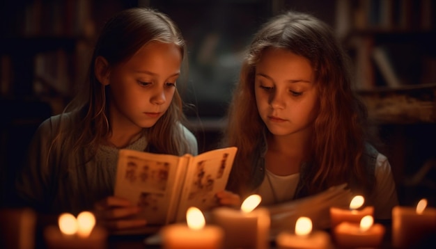 Bezpłatne zdjęcie dwie urocze siostry czytające książkę przy świecach generowanych przez sztuczną inteligencję