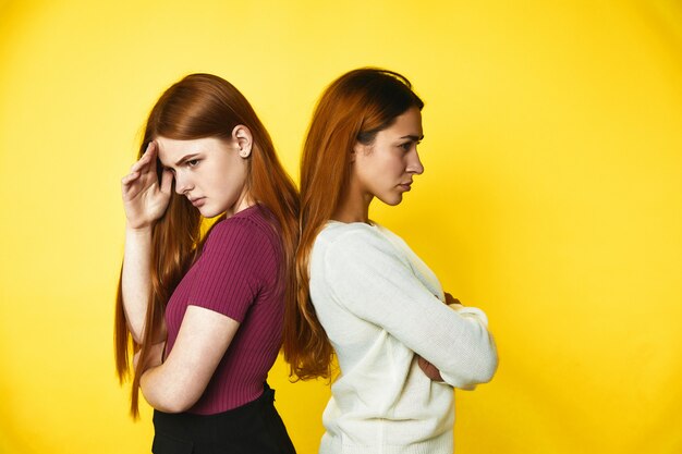 Dwie zdenerwowane rudowłosy dziewczynki stoją rozczarowane plecami do siebie ubrane w zwykłe ubrania