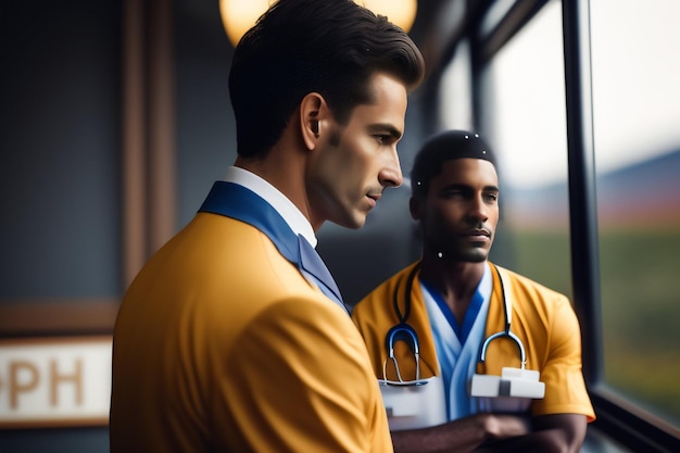 Bezpłatne zdjęcie dwóch mężczyzn w żółtych kurtkach stoi przed oknem, jeden z nich ma stetoskop na szyi.