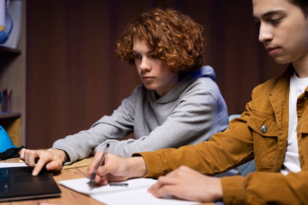 Bezpłatne zdjęcie dwóch nastoletnich chłopców uczących się razem w domu z laptopem