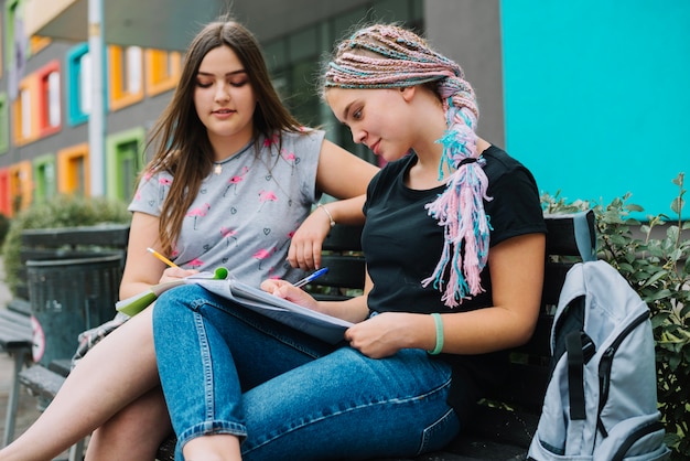 Dwóch studentów przygotowujących się na ławce