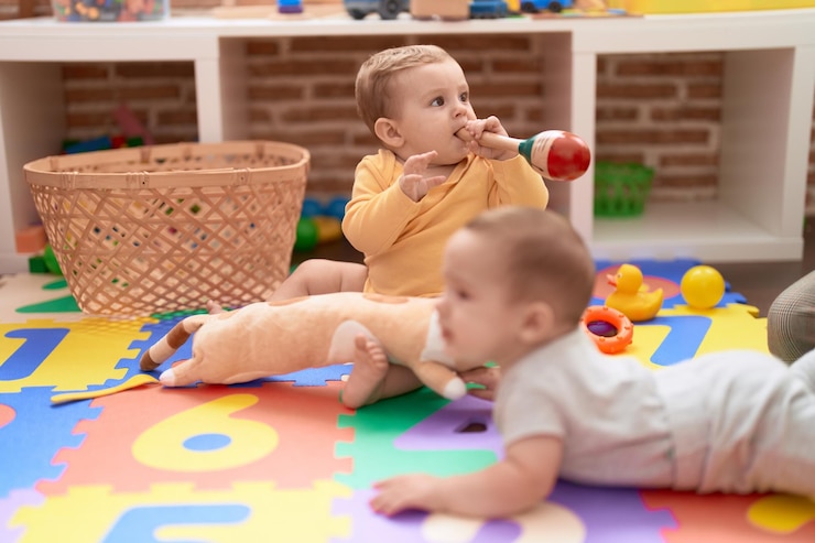 Bezpłatny plik Zdjęcie dwoje małych dzieci ssących marakasy siedzące na podłodze w przedszkolu