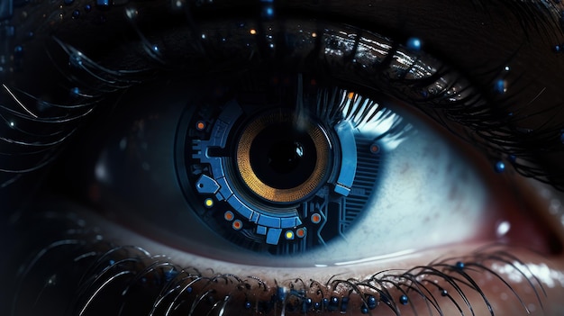 Dwuwymiarowy obraz kobiecego oka z odbiciem dziewczyny-cyborga