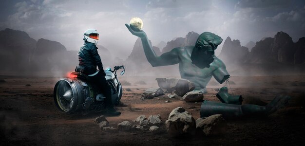 Dystopijny krajobraz z futurystycznym motocyklem i potworem