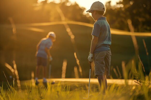 Dzieci grające w golfa w fotorealistycznym środowisku