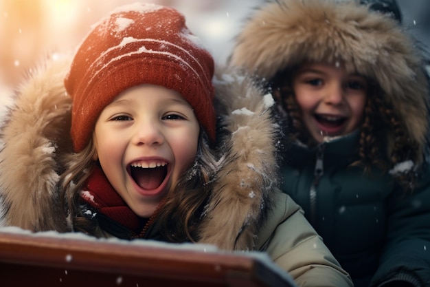 Bezpłatne zdjęcie dzieci jeżdżące na saniach bawiące się na świeżym powietrzu w sezonie zimowym
