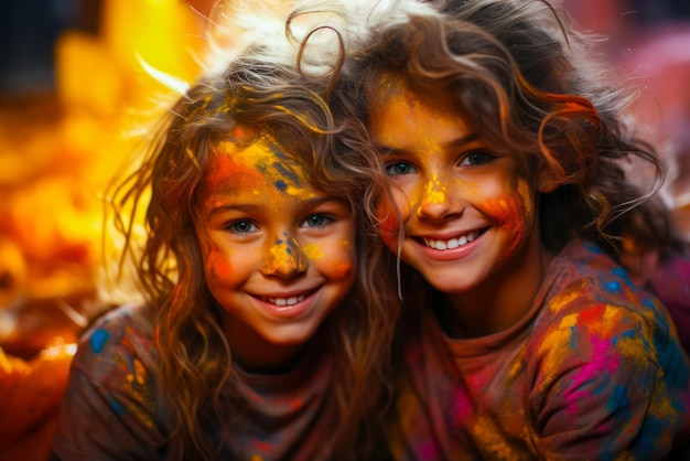 Dzieci pokryte kolorowym proszkiem bawią się podczas festiwalu kolorów Holi, tworząc atmosferę
