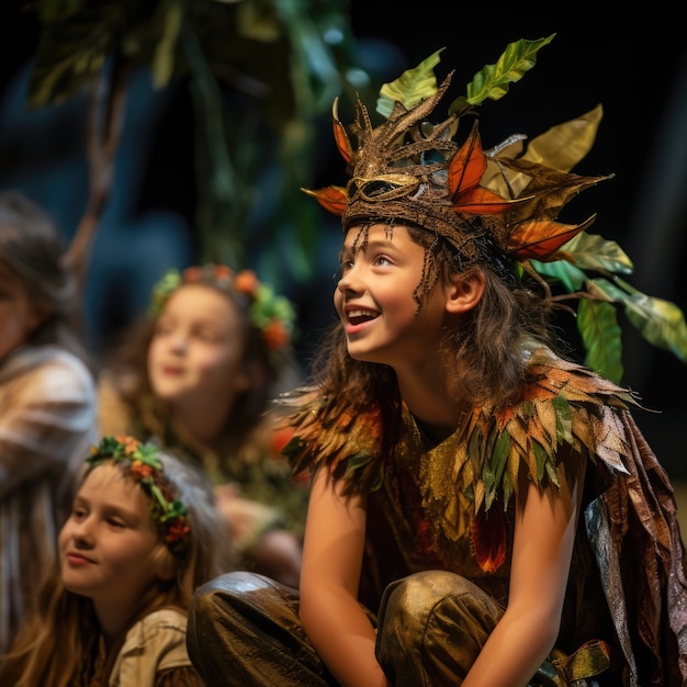 Bezpłatne zdjęcie dzieci wykonują sztukę na scenie na dzień teatru słów