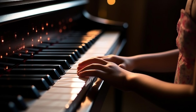 Dziecięcy pianista ćwiczący umiejętność grania akordów z bliska, generowaną przez sztuczną inteligencję