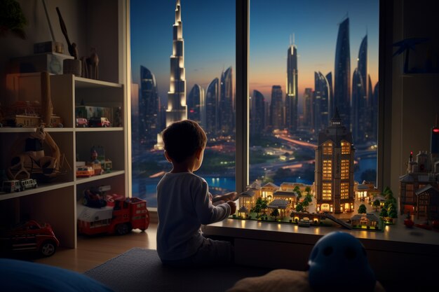 Dziecko patrzące ze swojego pokoju na futurystyczne niebo