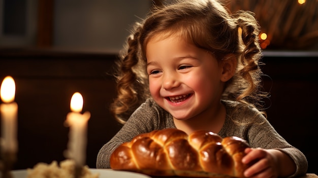 Bezpłatne zdjęcie dziecko z talerzem challah na chanuckę