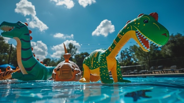 Bezpłatne zdjęcie dzień basenowy z motywem dinozaurów i nadmuchiwanymi dinozaurami