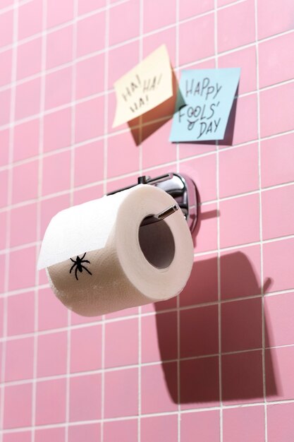Dzień głupców kwietnia, martwa natura z rolką papieru toaletowego.