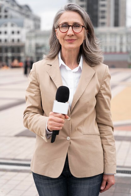 Dziennikarz z widokiem z przodu trzymający mikrofon