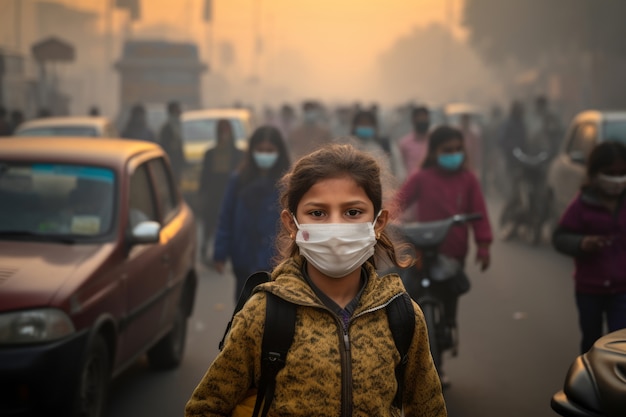 Bezpłatne zdjęcie dziewczyna ubrana w maskę na twarz ze względu na ekstremalne zanieczyszczenie